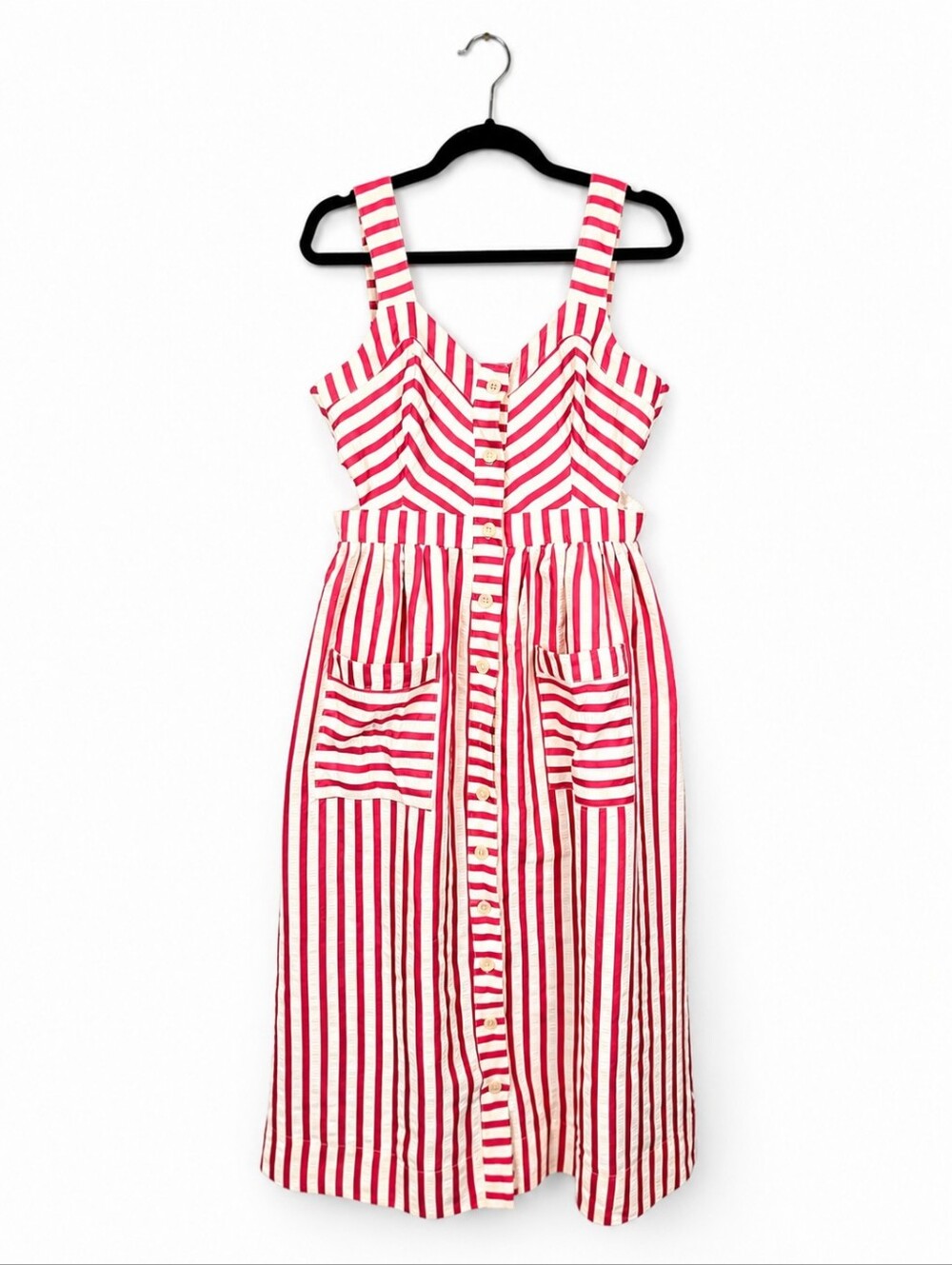 NWT Entro Red Candy Stripe Midi Dress Cutout Pockets Coastal Cottagecore Large